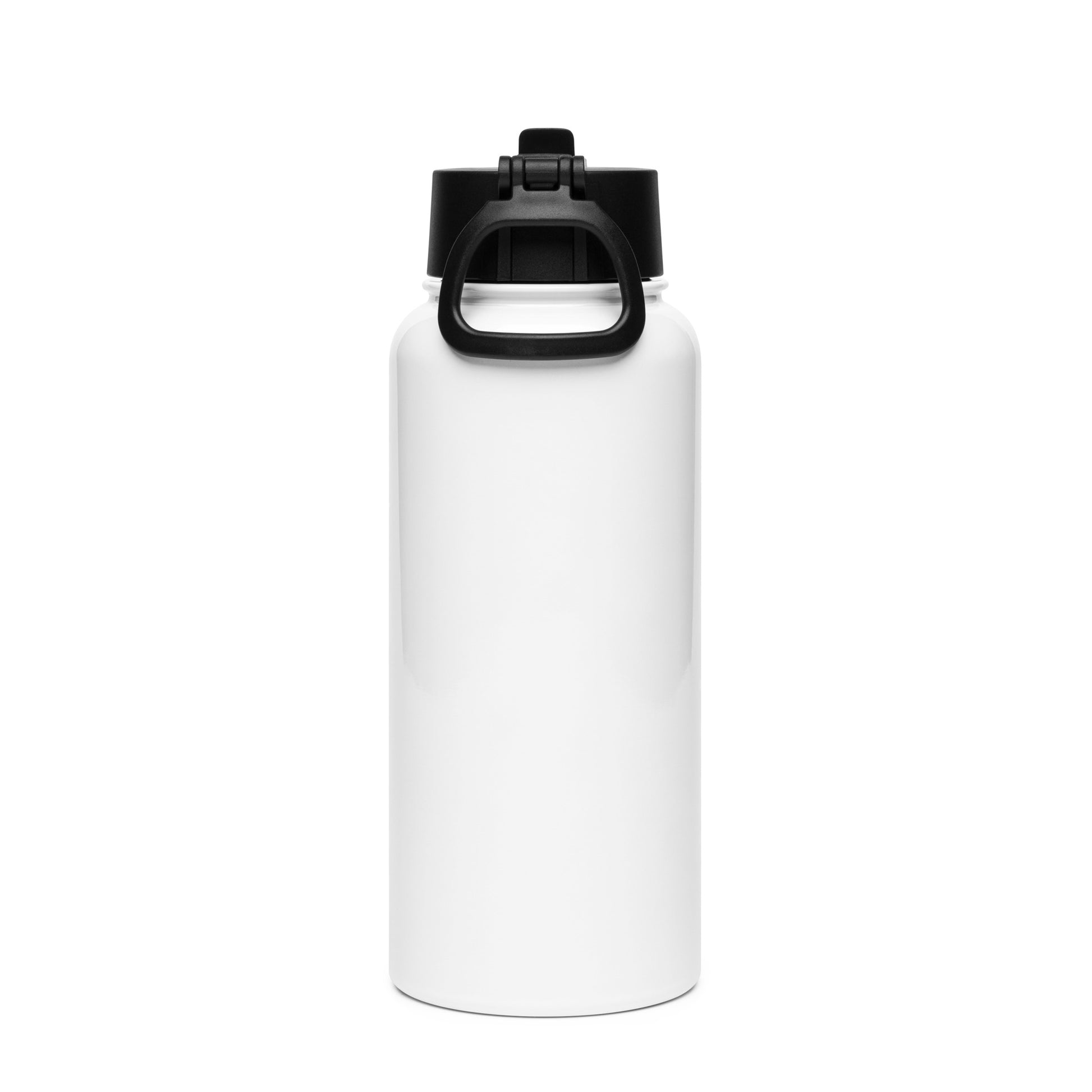 I Am Unstoppable 32 oz white stainless steel water bottle with black straw lid, back view