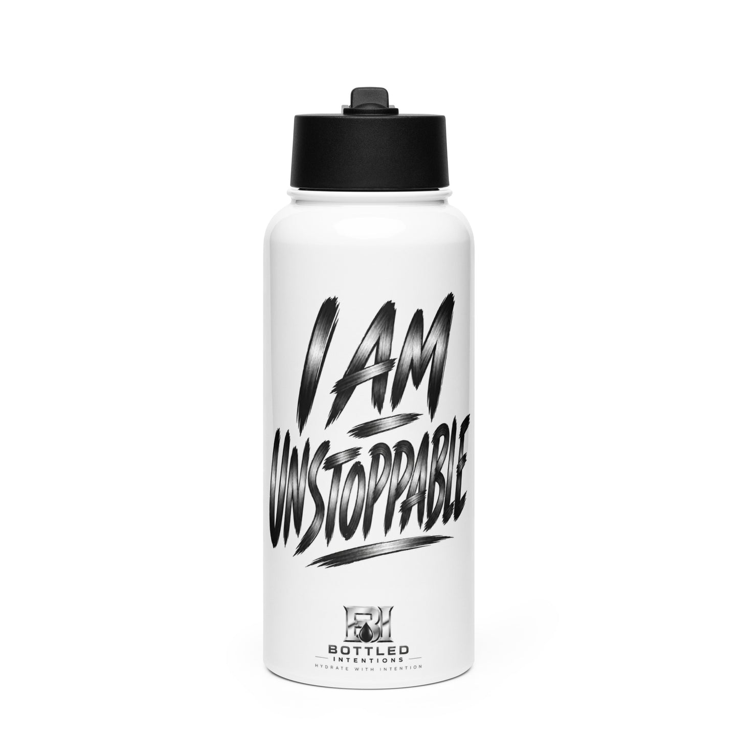 I Am Unstoppable 32 oz white stainless steel water bottle with black straw lid, front view
