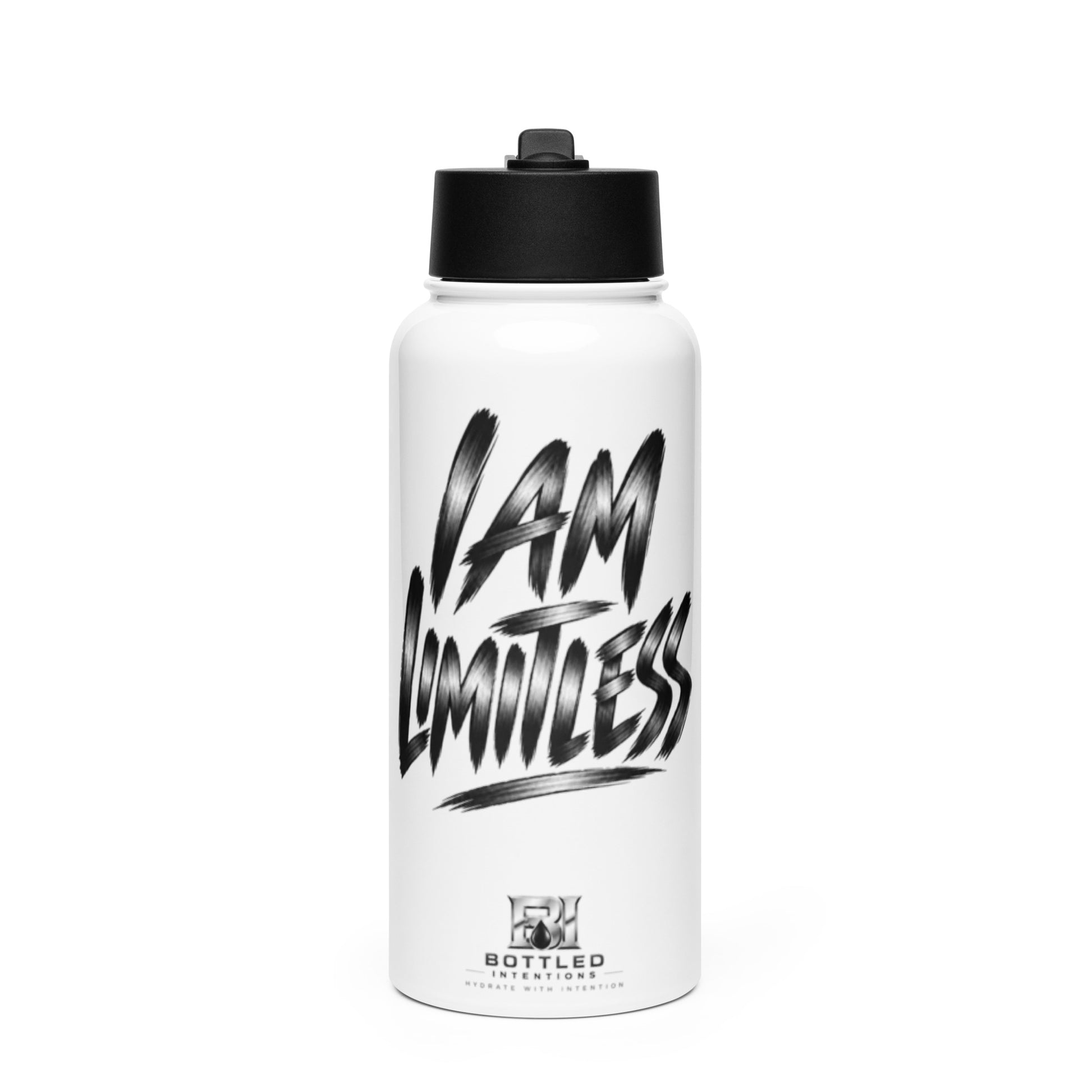 I Am Limitless 32 oz white stainless steel water bottle with black straw lid, front view