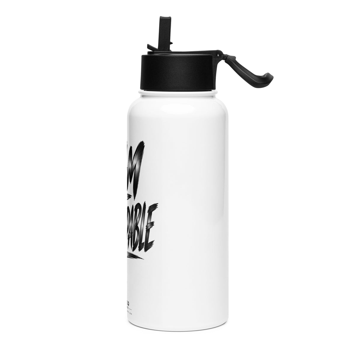 I Am Unstoppable 32 oz white stainless steel water bottle with black straw lid, left view