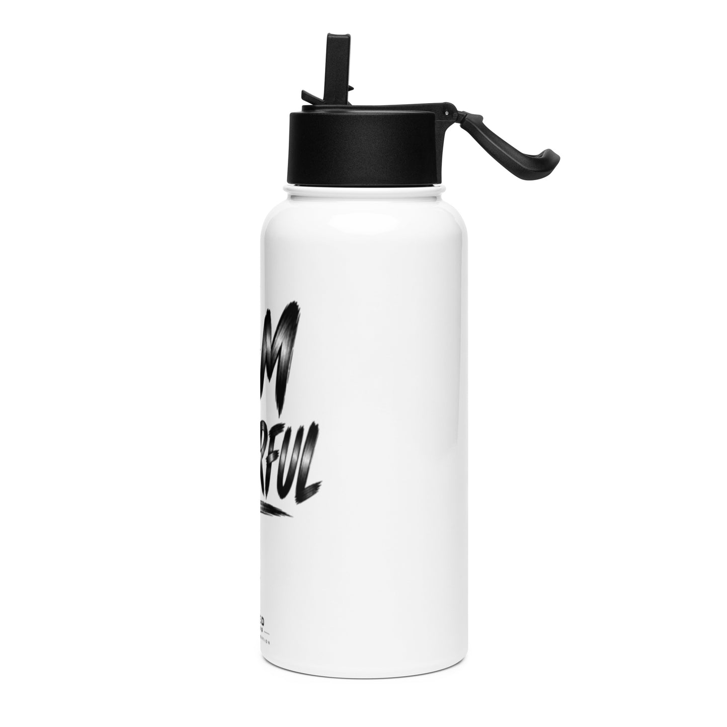 I Am Powerful 32 oz white stainless steel water bottle with black straw lid, left view