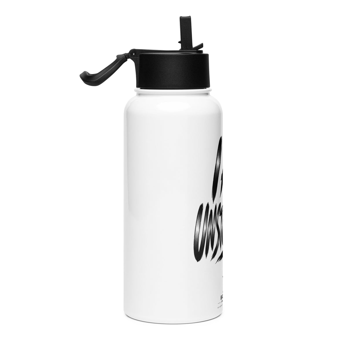 I Am Unstoppable 32 oz white stainless steel water bottle with black straw lid, right view