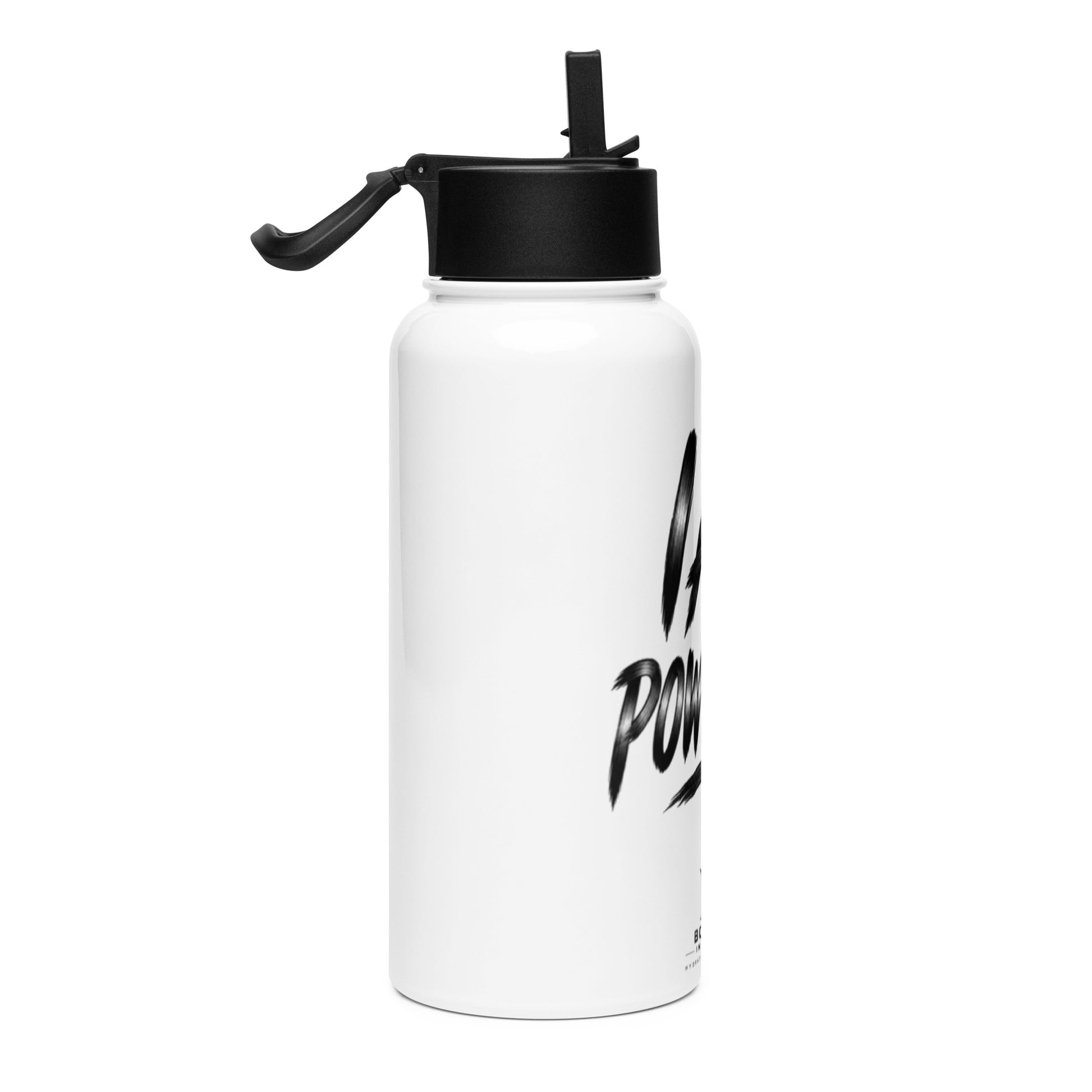 I Am Powerful 32 oz white stainless steel water bottle with black straw lid, right view