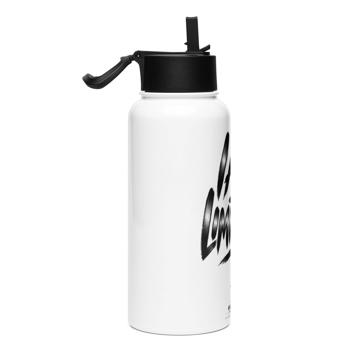 I Am Limitless 32 oz white stainless steel water bottle with black straw lid, right view