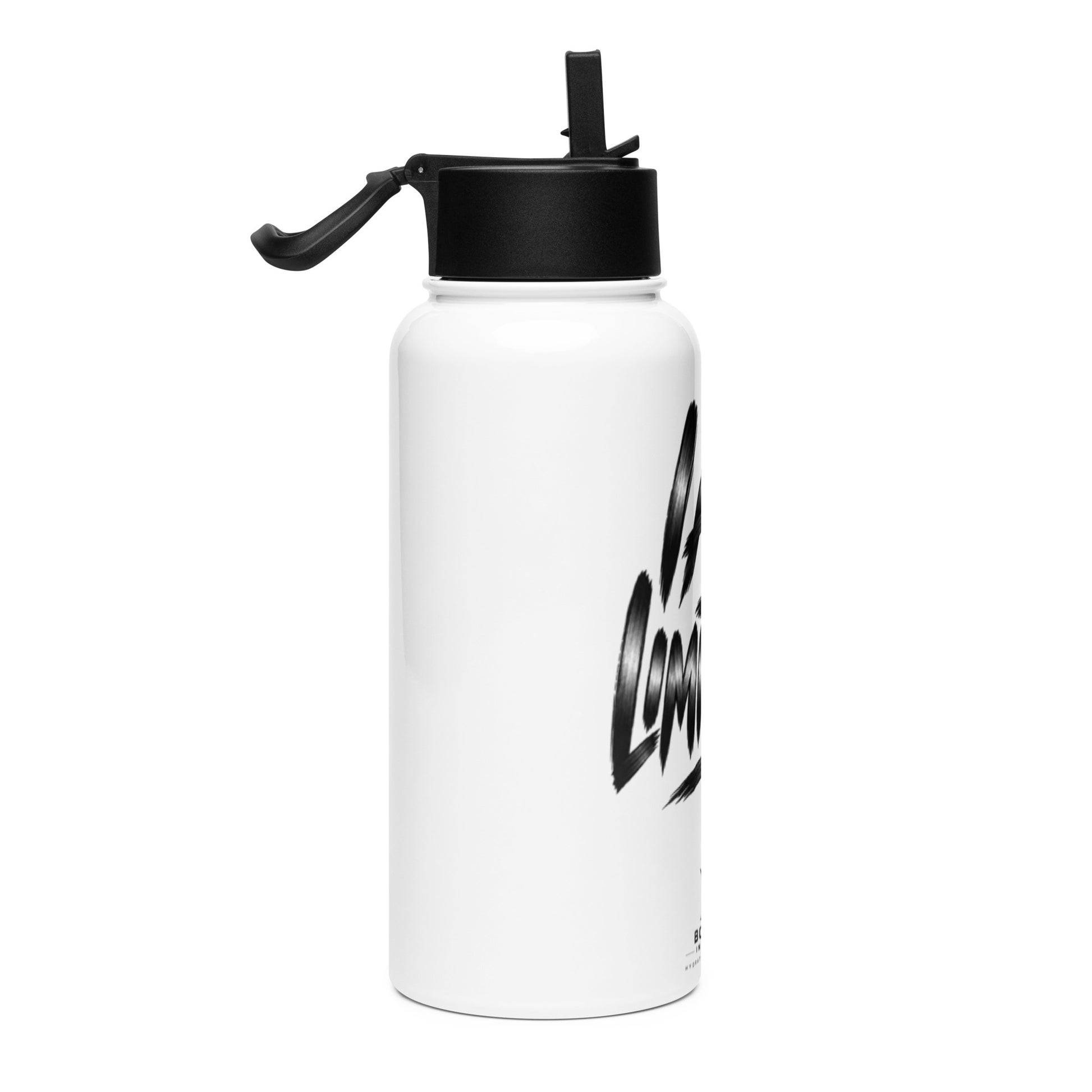 I Am Limitless 32 oz white stainless steel water bottle with black straw lid, right view